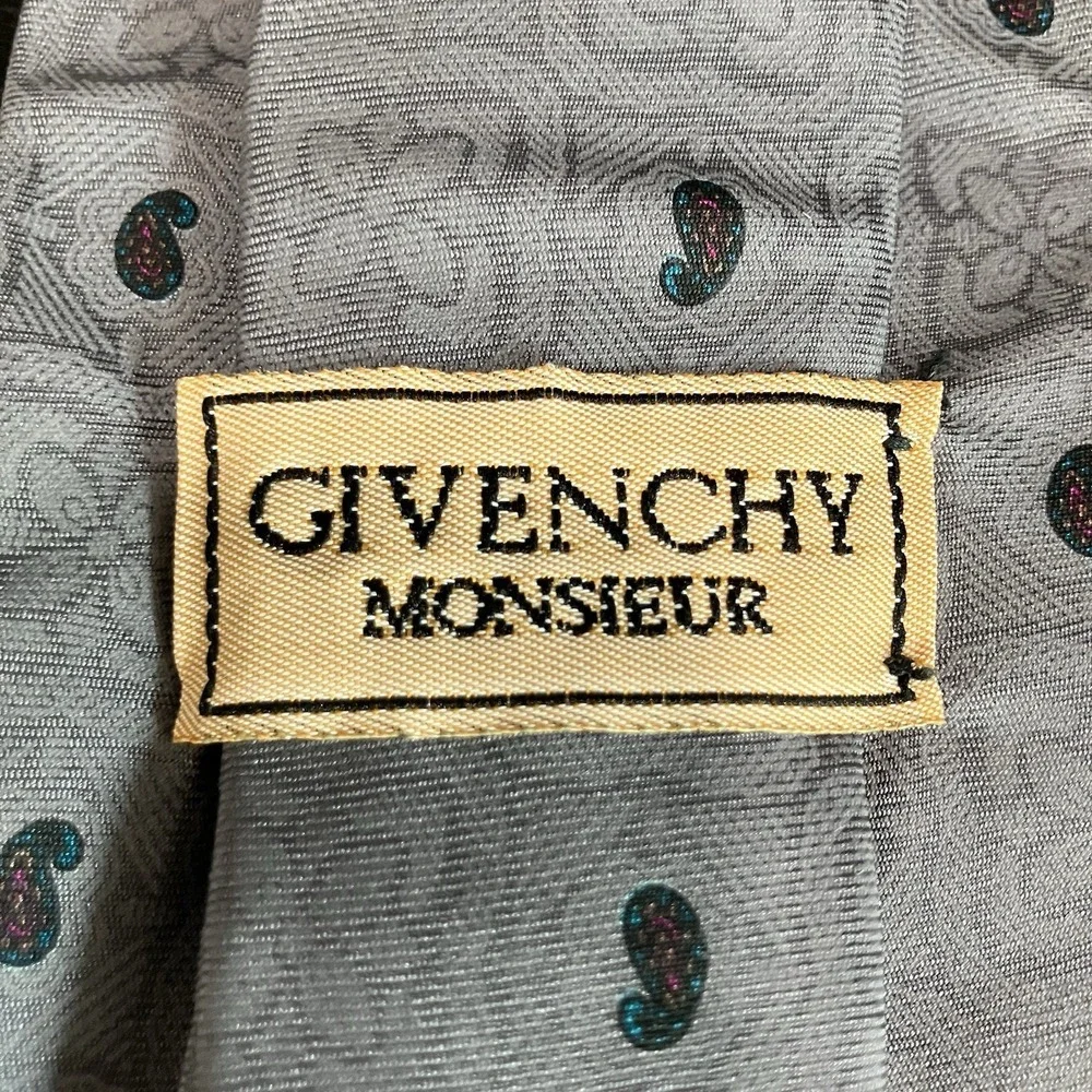 Givenchy Monsieur Silk Necktie Gray Paisley Medallion Geometric Luxury Vintage